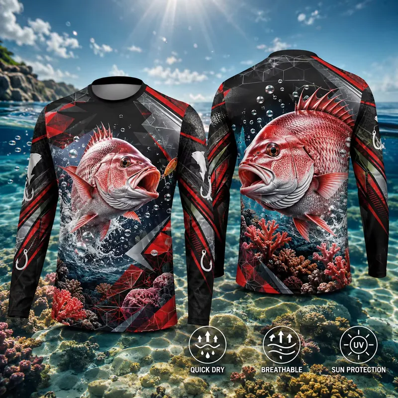 Fishing Shirt Uv Protection - 3Dプリントのカジュアルな長袖赤いスナッパー柄の釣り用シャツ。男性用。3D魚柄プリント、速乾性、UPF50の紫外線保護機能付き。アウトドアでの釣りに最適。