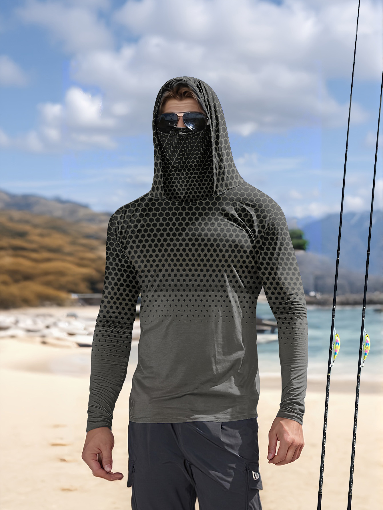 Fishing Mask Sun Protection - メンズ用、夏の釣り用パーカー。フェイスマスク付き。グレーのハニカム柄。速乾性、通気性に優れた長袖釣りシャツ。