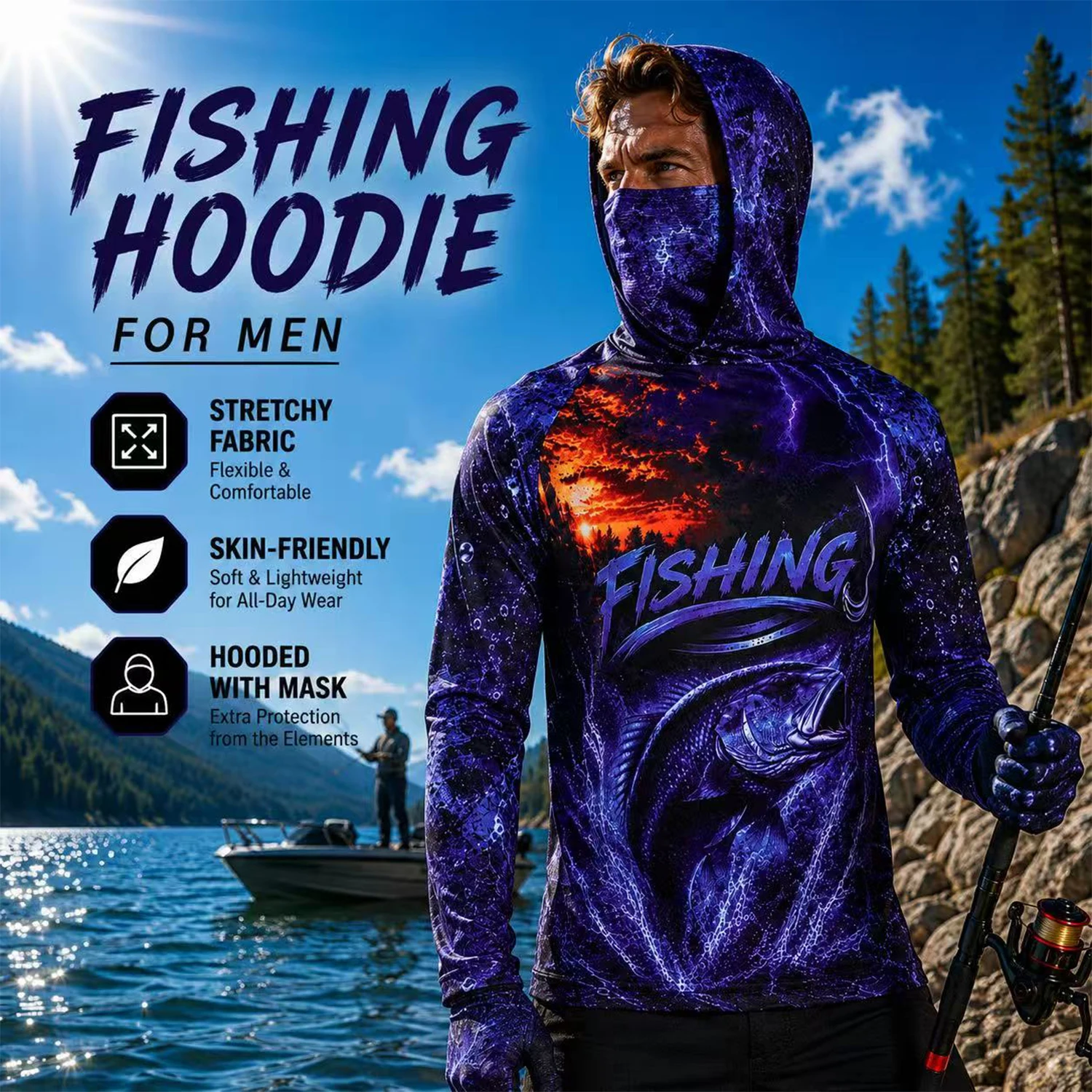 Fishing Shirt Uv Protection - メンズ用、紫色のバス柄3Dプリントのフード付き釣り用シャツ。ポリエステル製、長袖、UVカット機能付き、顔を覆うカバー内蔵。