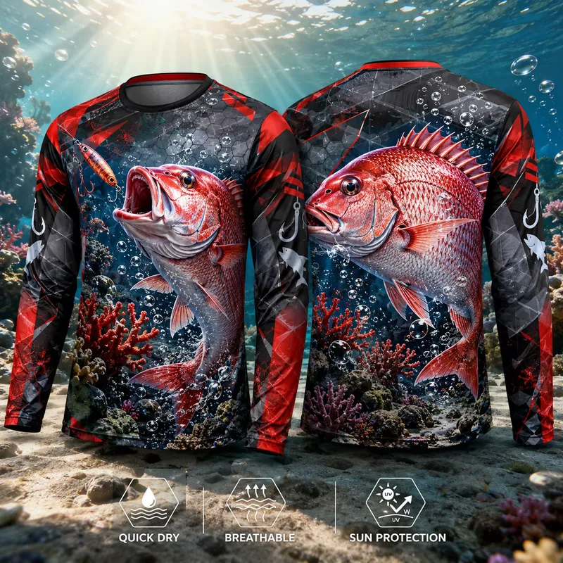 3Dプリントのカジュアルな長袖赤いスナッパー柄の釣り用シャツ - Fishing Shirt Uv Protection のレビューと価格