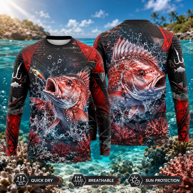 3Dプリントのカジュアルな長袖赤いスナッパー柄の釣り用シャツ - Fishing Shirt Uv Protection のレビューと価格