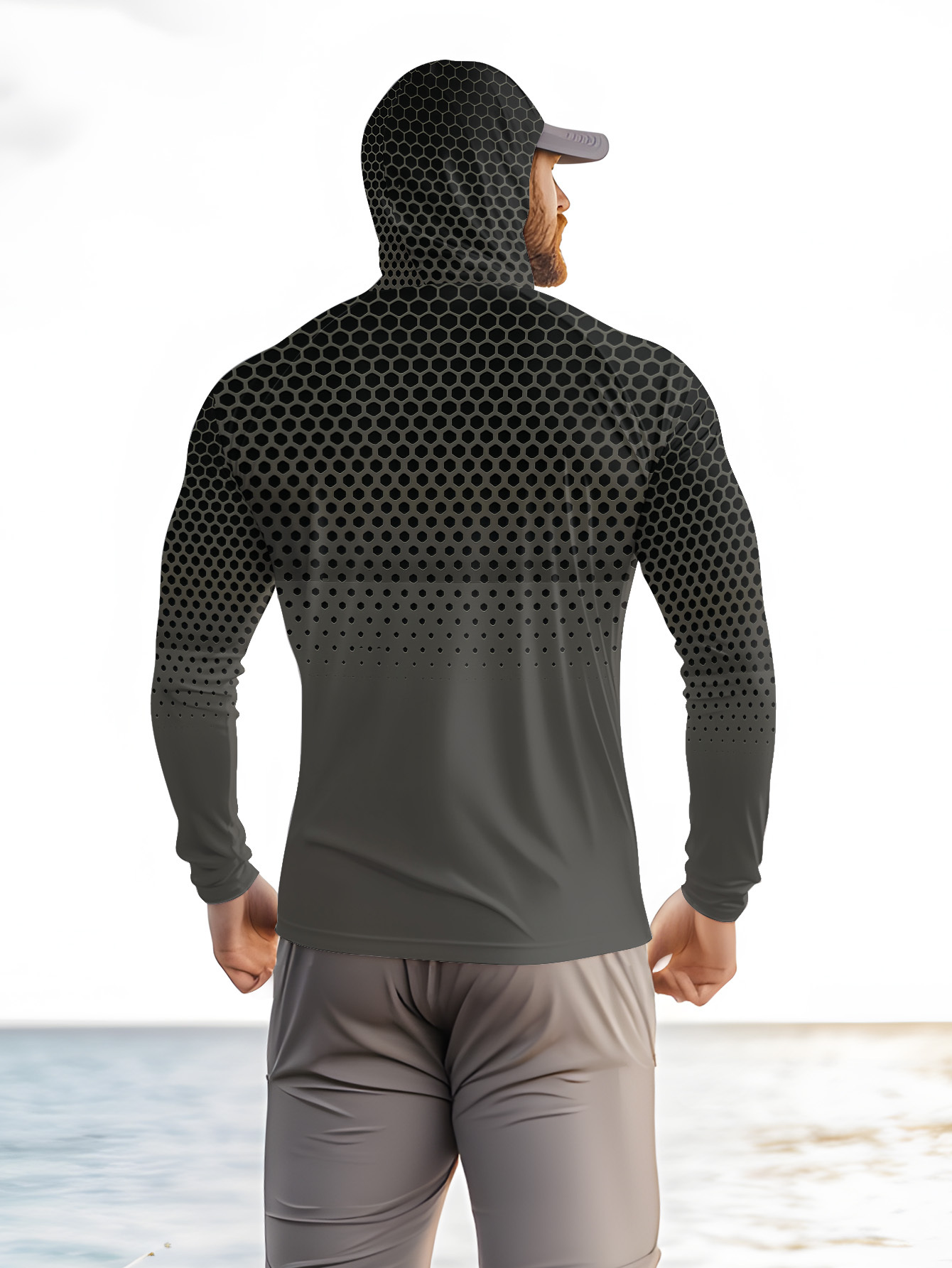 メンズ用、夏の釣り用パーカー。フェイスマスク付き。グレーのハ - Fishing Mask Sun Protection のレビューと価格